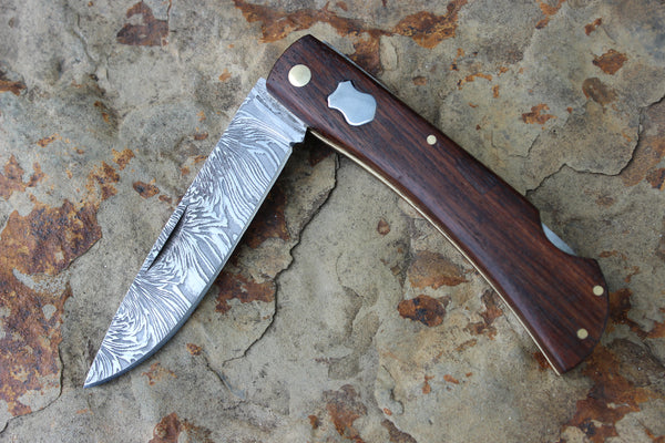 El Gallo EG99Ldam Wood Handle Large Lockback Damascus (Heraldic)