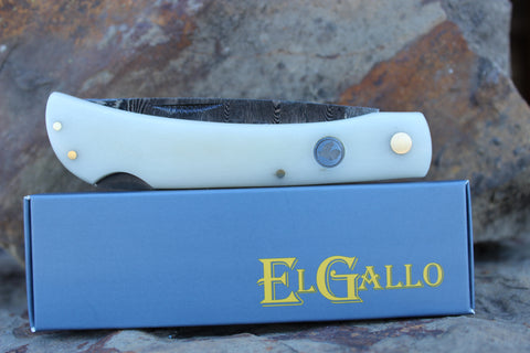 El Gallo EG99LBdam Smooth Bone Handle Large Lockback Damascus